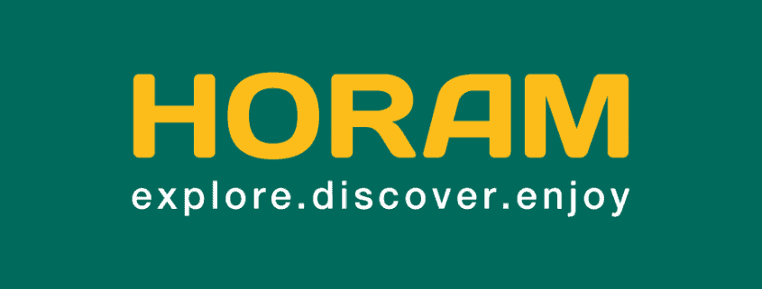 The image features a teal background with the word "HORAM" in bold yellow letters, and below it, the phrase "explore.discover.enjoy" in smaller white font.