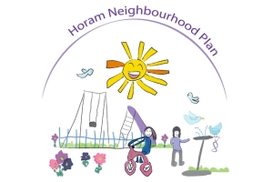 Illustration for the Horam Neighbourhood Plan. Features a sun with a face, children playing in a park with swings and flowers, and birds flying around. A rainbow-shaped arc with the text 