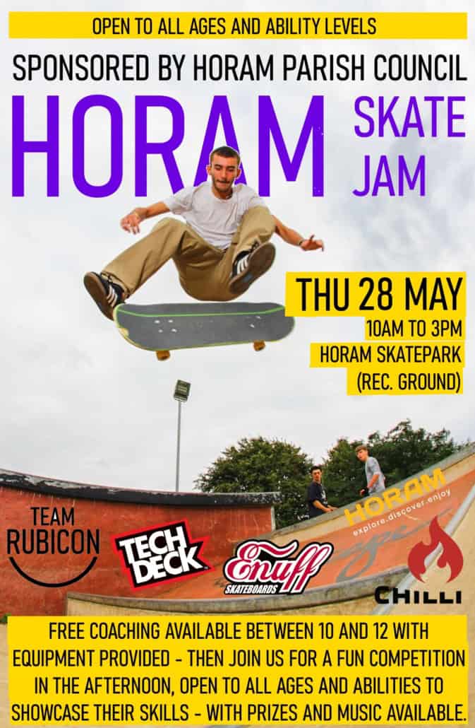 A skateboarder does a trick mid-air at a skatepark; event details for Horam Skate Jam are shown.
